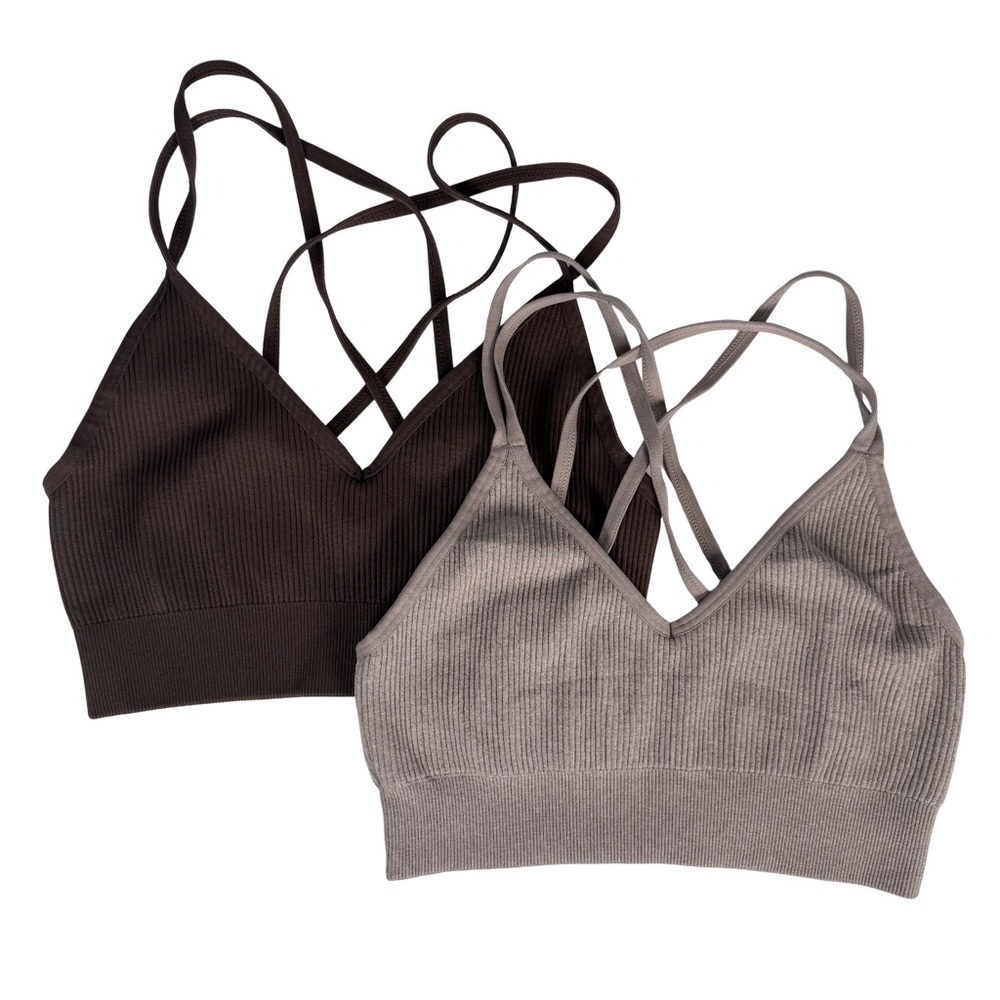 Aerie Ribbed Seamless Strappy Bralette Set 2 Small Brown Beige